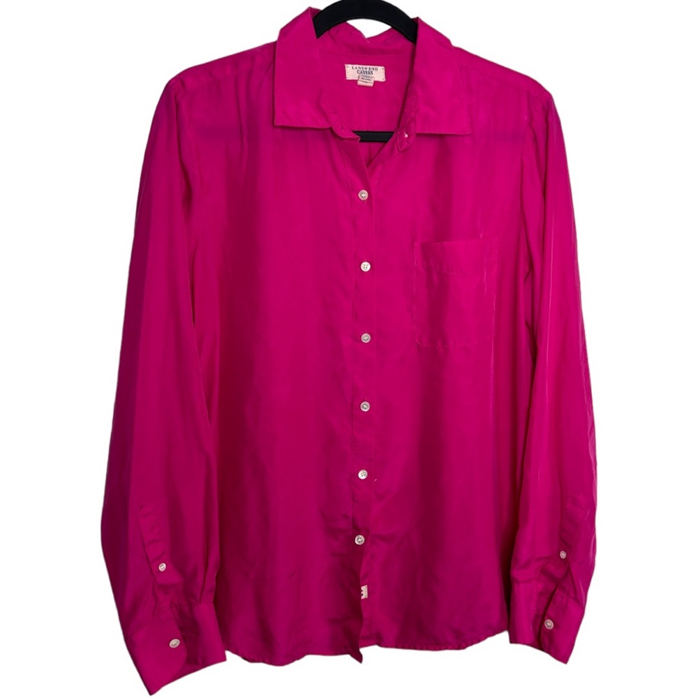 Lands End 100% Silk Hot Pink Button Up Blouse Size Medium
